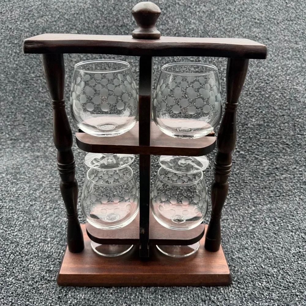 Vintage Wooden Rotating Bar Caddy with 4 Etched Polka Dot Brandy Snifter Glasses